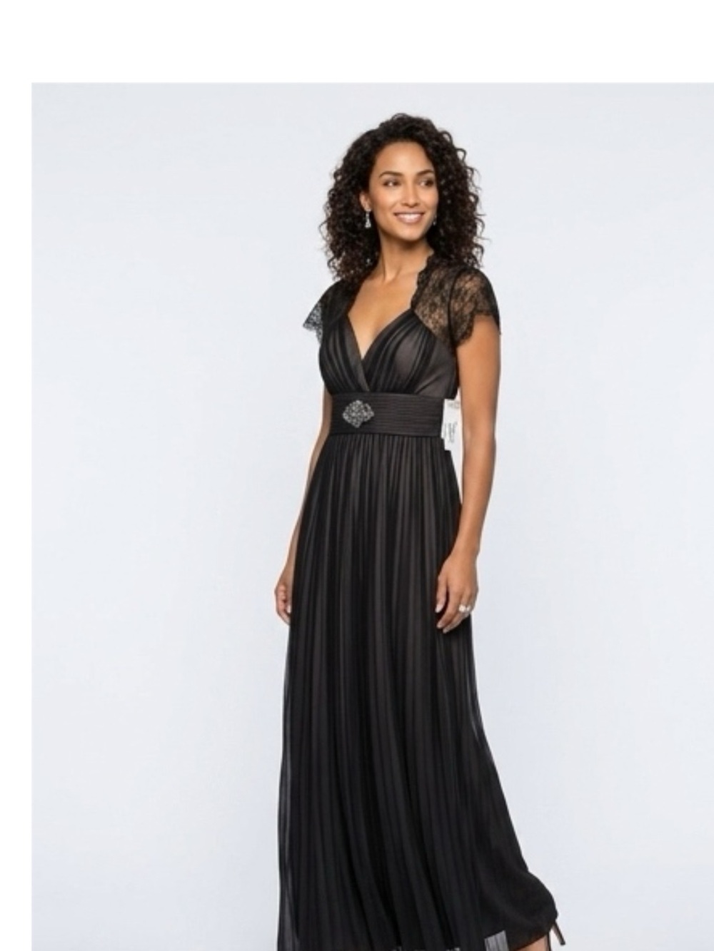 Betsy & Adam Black Lace-Cap V-Neck Maxi Dress